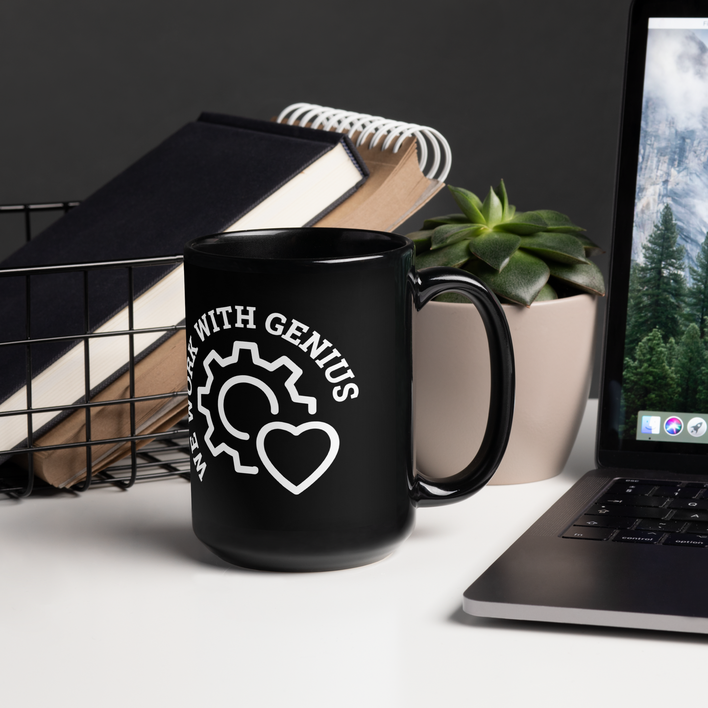 "We Work With Genius" Large Black Mug
